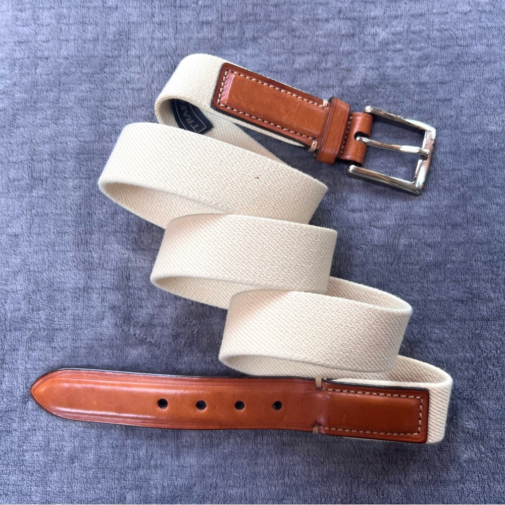 TRAFALGAR Men’s Belt Sz 42 Brown Leather Beige Cotton USA Made Classic Casual